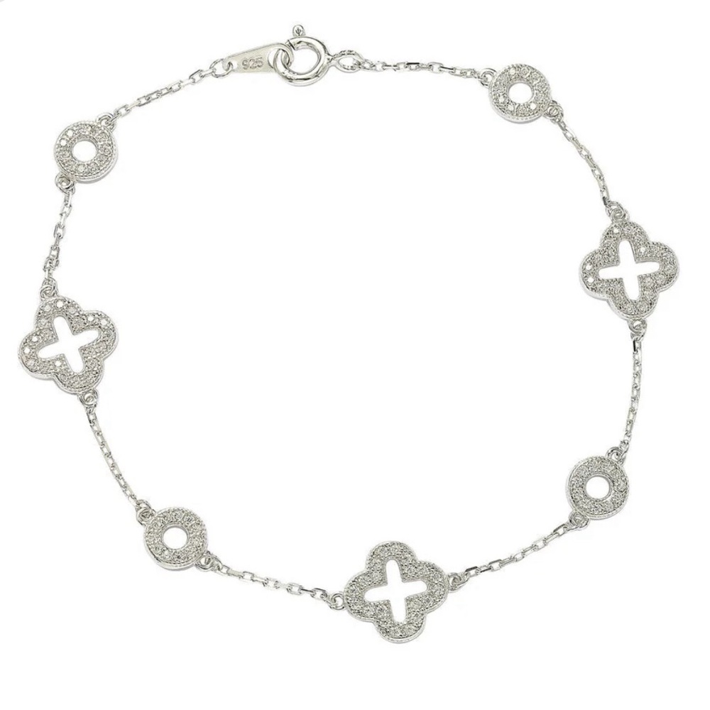 Suzy Levian Sterling Silver White Cubic Zirconia Clover and Circles Bracelet